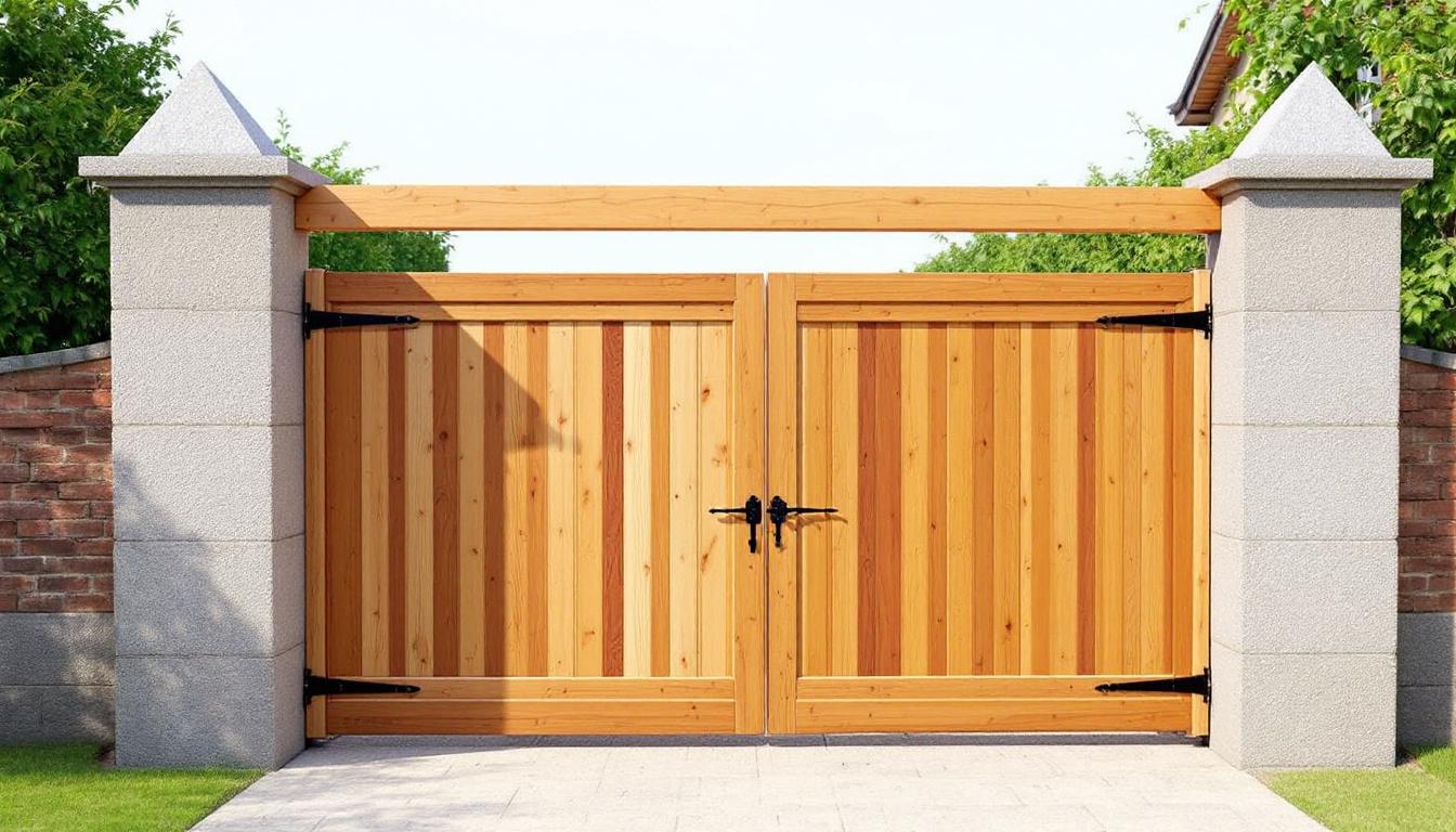 Installation portail en bois : poteaux scellés béton et pierres