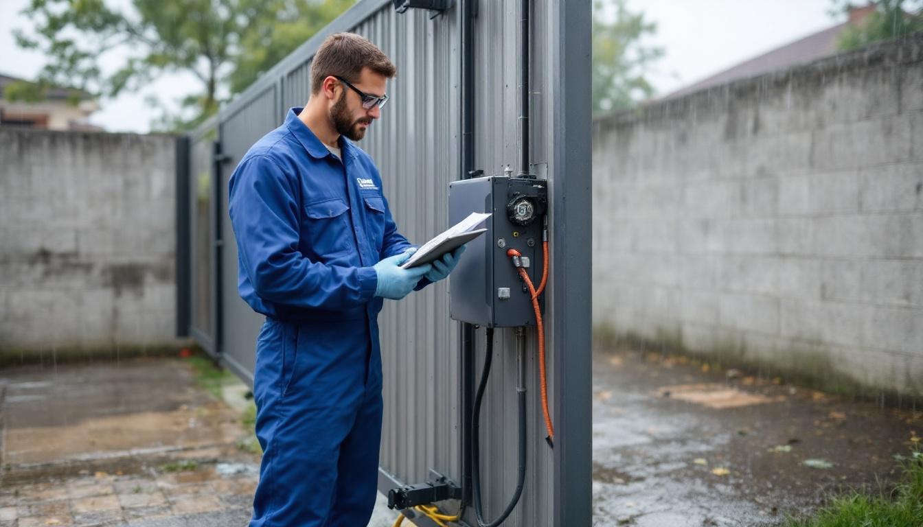 Maintenance portail automatique - Technicien effectuant un contrôle de sécurité sur un portail électrique